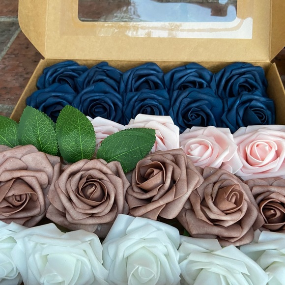 25 count White Navy Blue Blush Pink Dusty Rose Wedding Flowers Bouquets - Picture 2 of 3